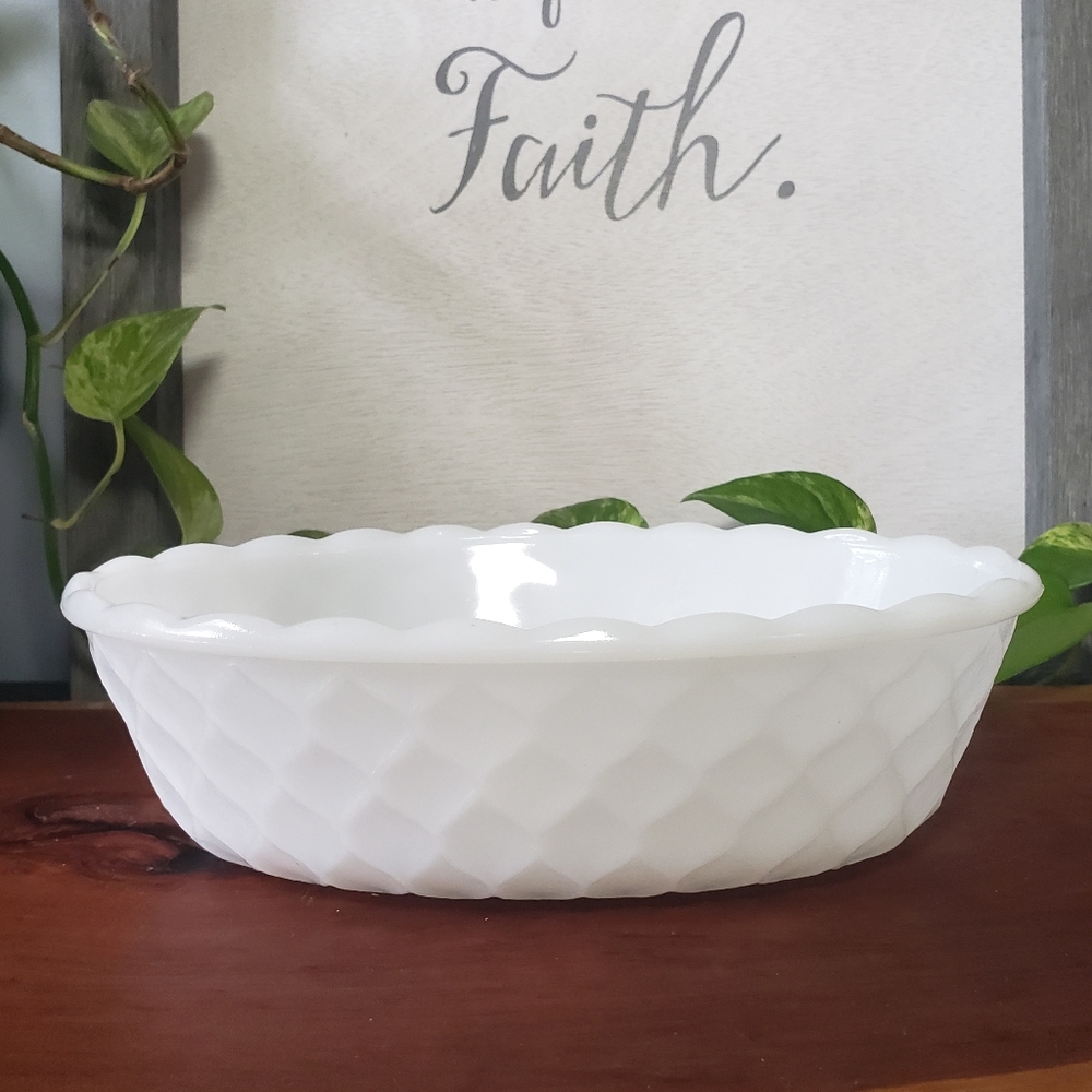 Vintage Milk Glass Bowl from E.O. Brody Co. MJ-50 / oval Dish Quilted diamonds